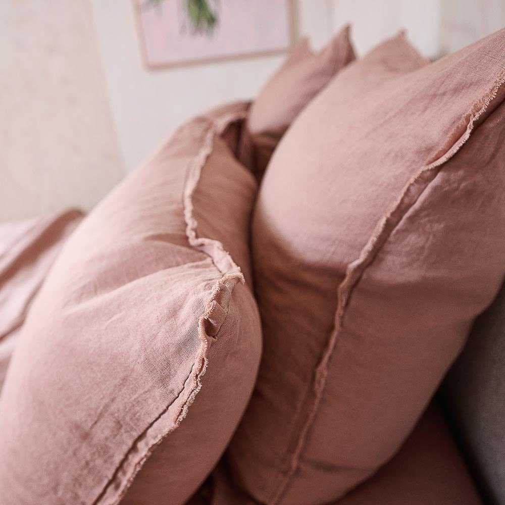 A close up of the Eadie Lifestyle French flax pillowcases in Lotus pink. 