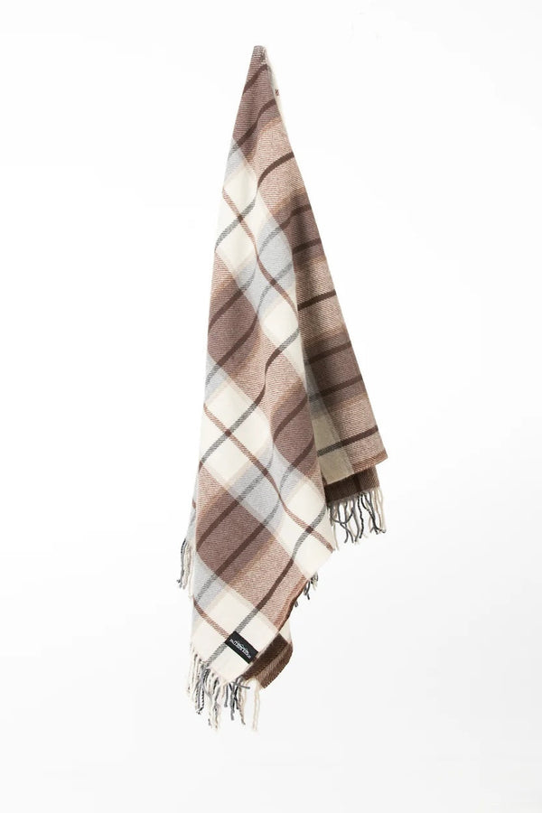 Palliser Ridge Twill Check lambswool throw in Chocolate, hanging to show the full check pattern