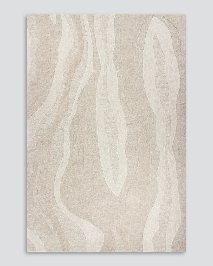 View from above of the Baya 'Shoreline' wool rug showing its patterned cut and loop pile design