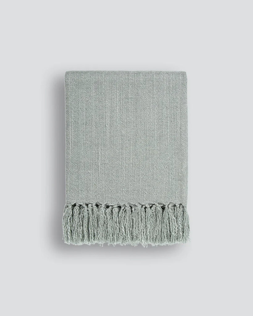 Light grey wool-blend throw blanket with tasseled fringe, by Baya nz