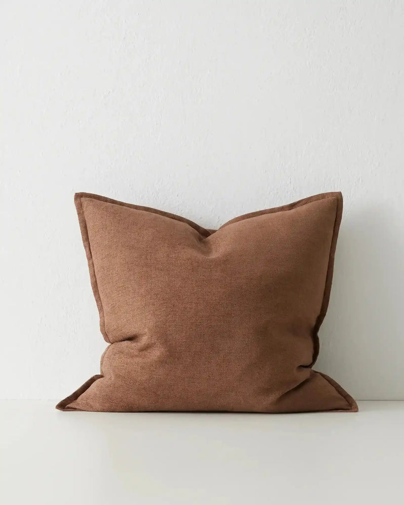 A chocolate brown, square cushion with flange detail , the 'Fiore Toffee' by Weave Home nz