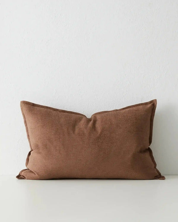 A chocolate brown, lumbar cushion with flange detail , the 'Fiore Toffee' by Weave Home nz