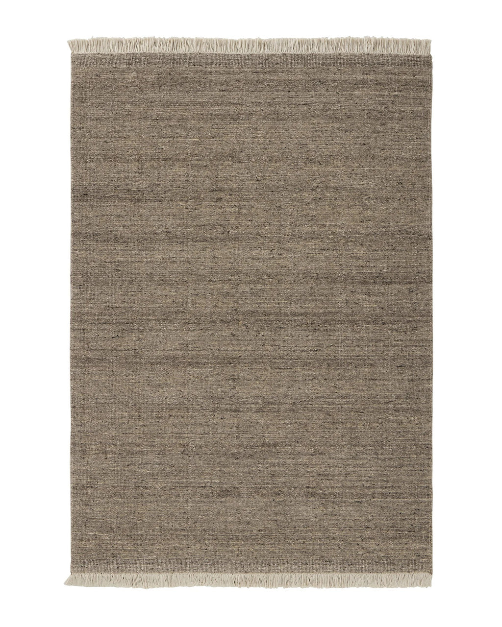 Weave Home Anton wool rug in Ash on a plain background, shown flat with fringed ends
