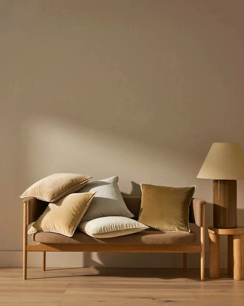 Soft velvet neutral cushions, in a stylish living room, by Weave Home nz